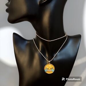 3/$30 VTG Glass Happy Laughing Emoticon Pendant Ball Chain Necklace